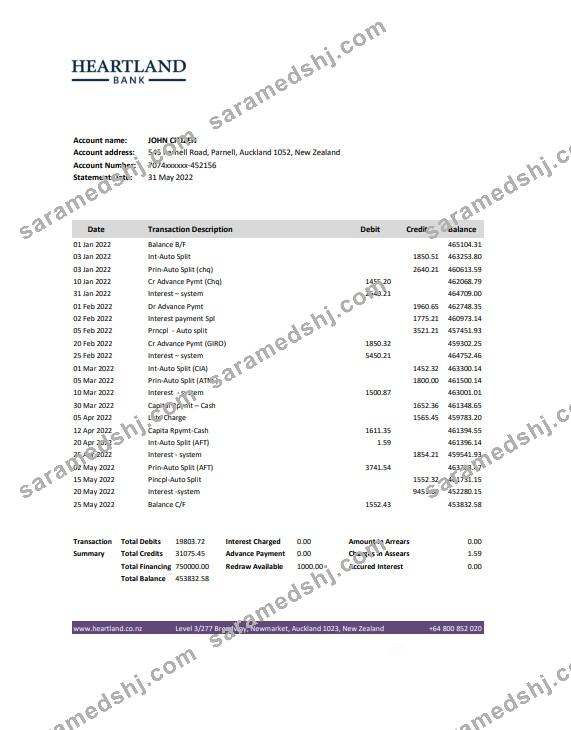New Zealand Heartland bank statement Excel and PDF template